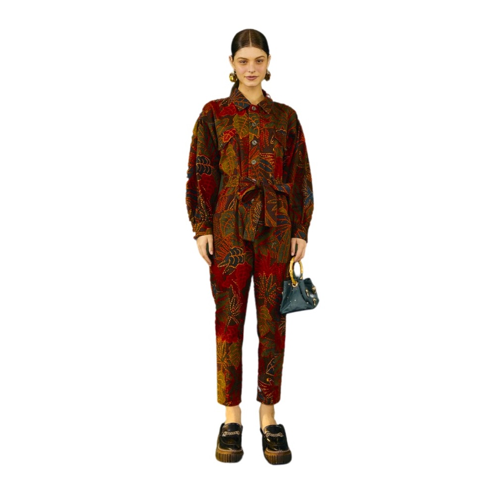 FARM Rio Multicolor Leaf-Print Jumpsuit in Red, Green, Brown